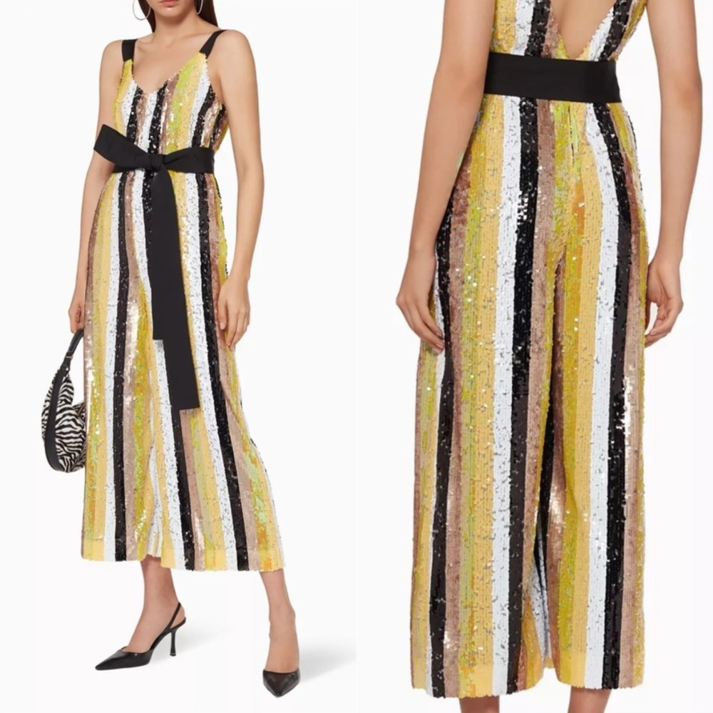 STAUD Multi-Stripe Sequin Wide-Leg Jumpsuit with Black Waist Tie